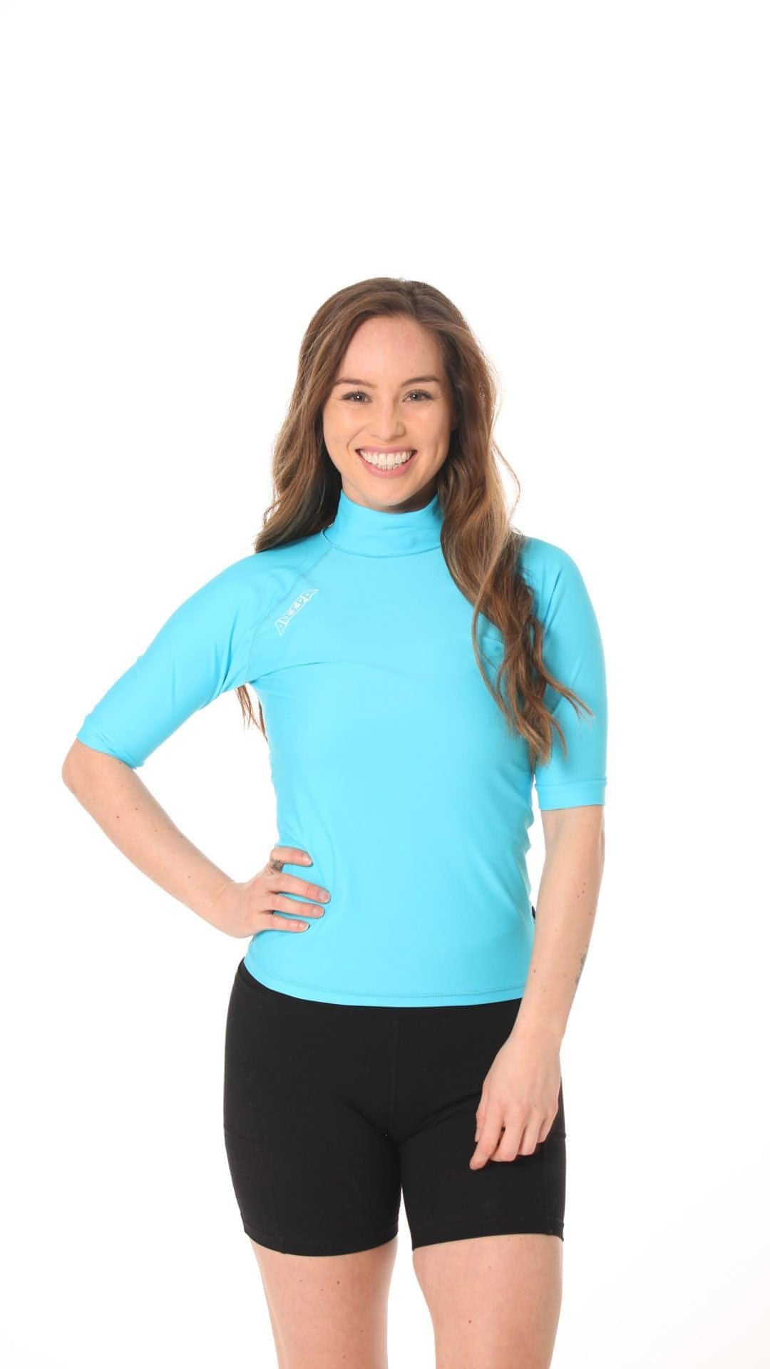 Short Sleeve Rashvest Womens, Adult - teal aqua front
